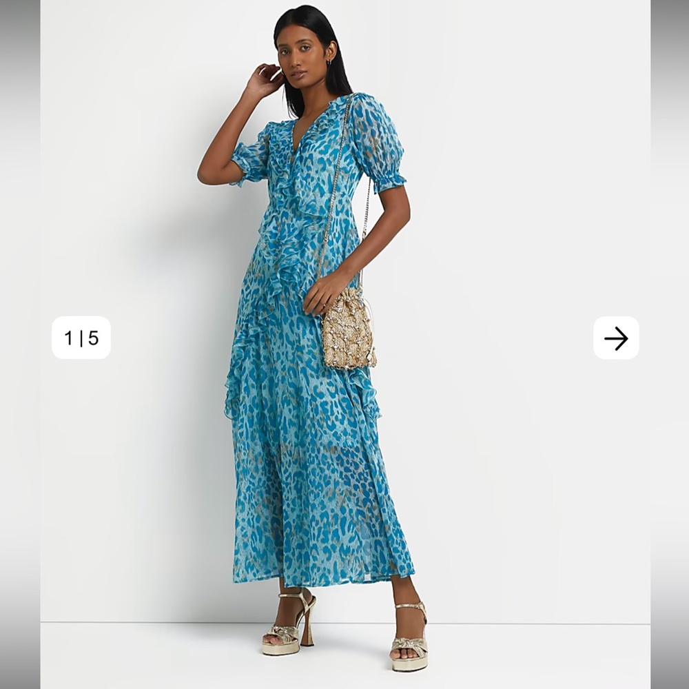 River Island Blue Leopard Print Frill Maxi Dress NWOT